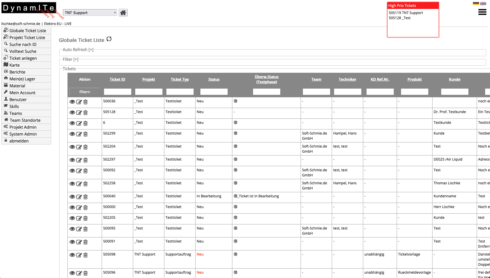 Übergreifende Ticketliste